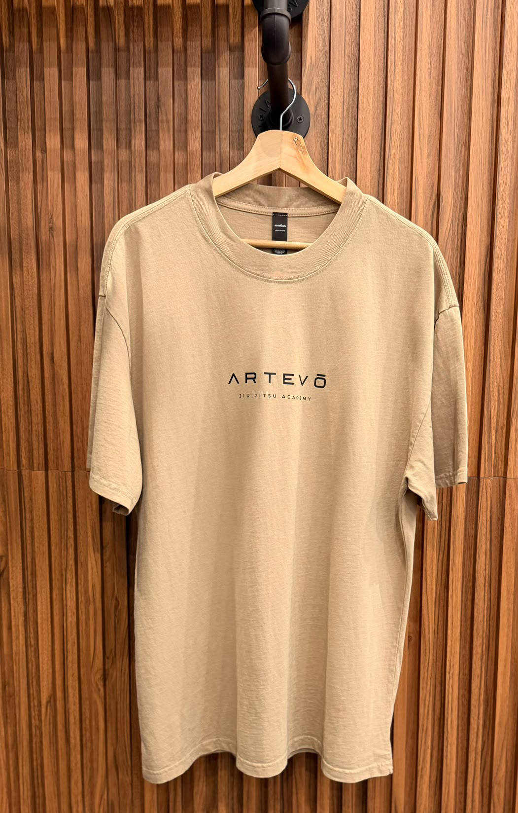 Artevō Jiu Jitsu Academy khaki competition t-shirt with black wordmark logo on chest