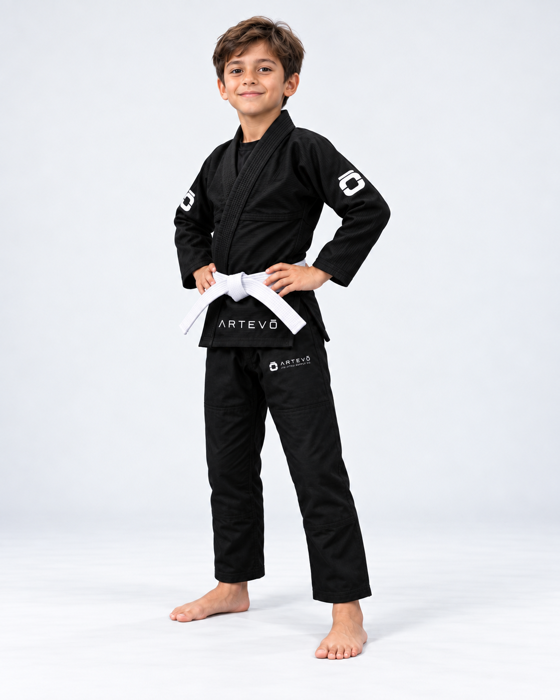 Artevo kids black gi front/side view